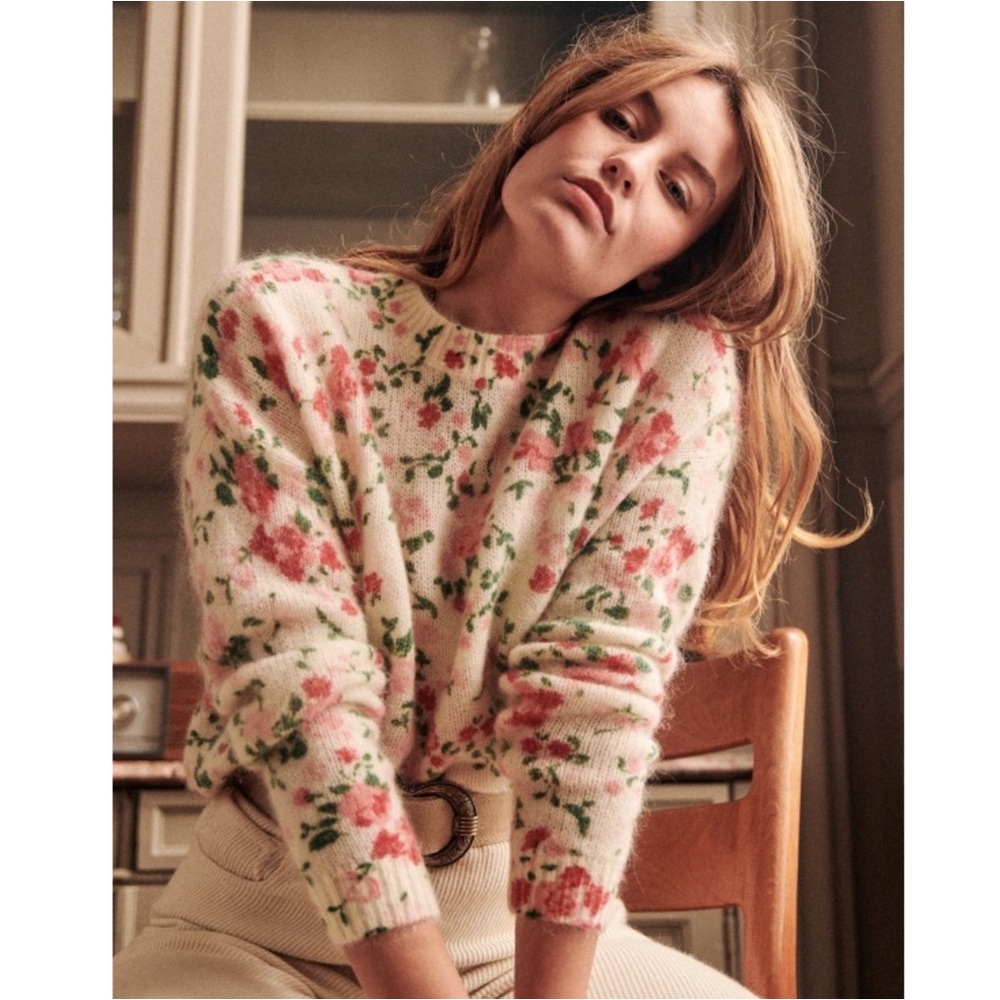 Sezane Floral Crewneck Sweater in Pink and Green on Cream